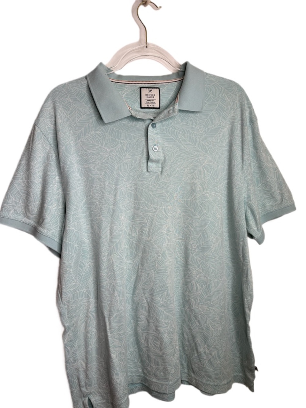 Light Blue Green Leaf-Print Cotton Polo Shirt XL - Picture 2 of 6